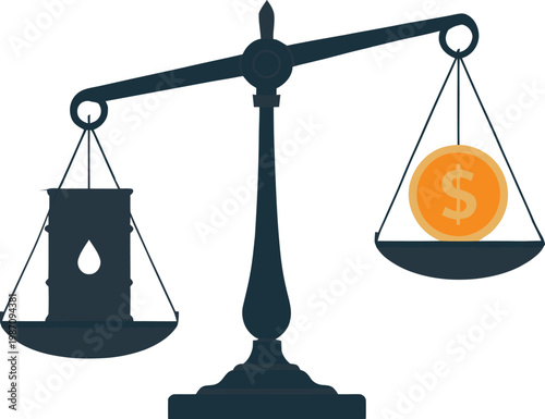 Global energy market economics concept balance scale weighing oil against gold dollar coin over world map vector illustration