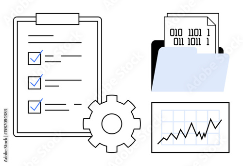 Business organization, task management, data processing, analytics, information systems, strategy. Checklist, folder with binary codes chart and gear icon. Task management and analytics theme