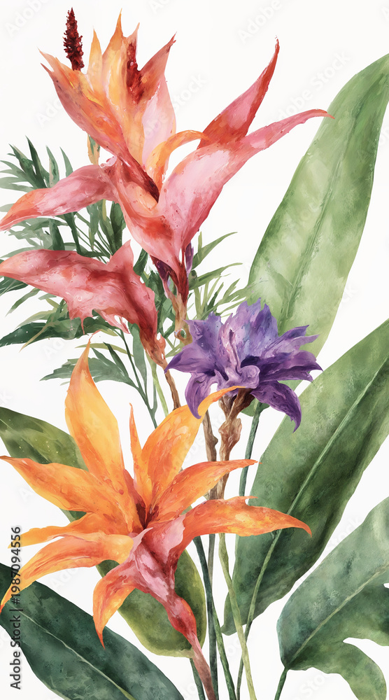 Obraz premium Tropical Watercolor Exotic Flowers Arrangement — Bird of Paradise, Heliconia, and Purple Iris with Green Leaves Botanical Illustration Wallpaper