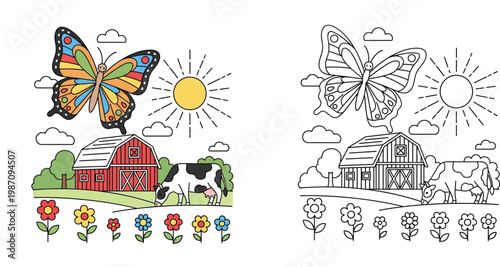 Farm Scene with Butterfly and Cow Coloring Page for Kids, Educational Barnyard Illustration Vector Set, Colored and Line Art