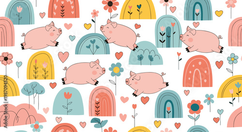 Playful seamless pattern with cute pink pigs jumping over colorful rainbows, hearts, and flowers on a white background.