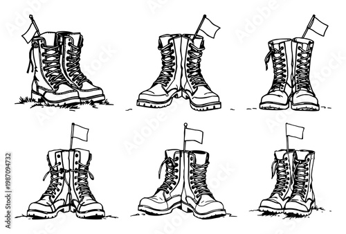 Combat boots set with paired boots tied together standing on ground with small flag tucked inside one featuring combat boots, tied boots, flag, ground, black ink with line art and isolated white