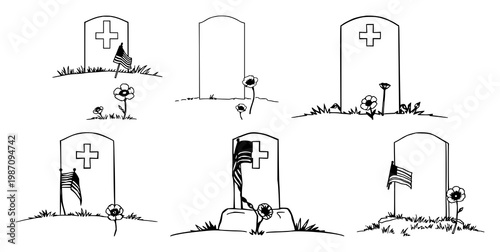 ​A simple military headstone (cross or slab) with a small American flag planted beside it and a single poppy flower in the foreground. set with simple line art design featuring sketches, drawings, ...