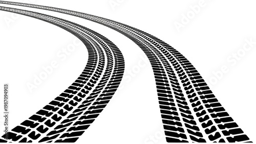 Curved road with tire tracks leading into the distance on a black and white illustration