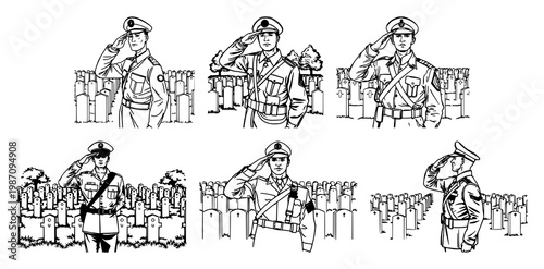 Soldier set with solemn expression saluting in front of a U.S. national cemetery featuring headstones, graves, remembrance with honoring and memorial