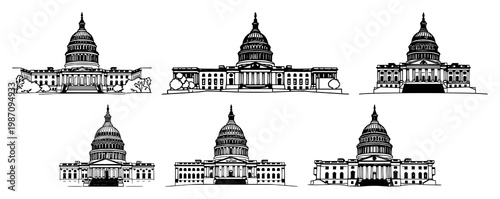 US Capitol Building set with detailed line art drawing featuring iconic architecture, government, Washington D.C. with famous landmarks and historical structures
