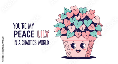 Cute peace lily plant with heart shaped leaves in a smiling character pot featuring an inspirational quote about finding peace.