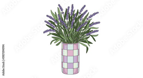 Large bouquet of purple lavender flowers arranged in a colorful checkered patterned vase isolated on a white background.