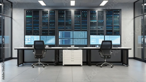 Modern data center control room with multiple monitors, sleek desks, and server racks in a clean, organized environment.