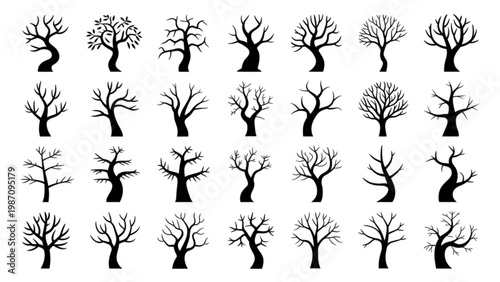 Collection of stylized tree icons with varying leaf densities and branch structures