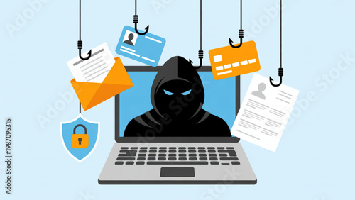 Hacker using a laptop surrounded by digital security icons and a hooded silhouette