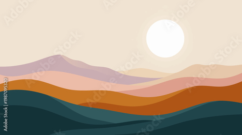 Abstract landscape with layered mountains and a glowing circular sun