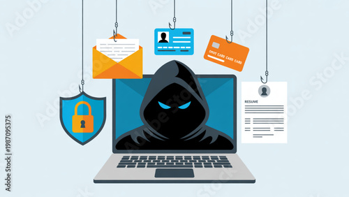 Hacker accessing secure systems through a laptop with digital icons