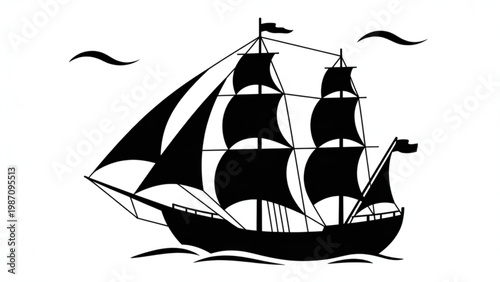 Elegant vintage sailing ship with multiple masts under windy skies