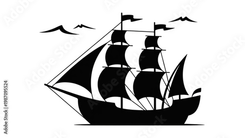 Classic sailing ship with multiple masts and billowing sails