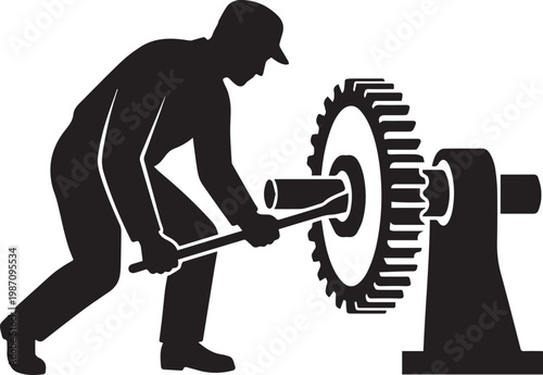 Black silhouette of a vintage industrial era machine fitter working on a large gear mechanism using a wrench, worker in overalls and cap performing manual labor in a factory setting.