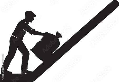 Silhouette of a mill worker or laborer pushing a heavy sack up a steep ramp, depicting manual labor, logistics, and hard work in a minimalist vector style