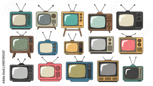 Vintage television sets in various styles and sizes arranged in a grid pattern
