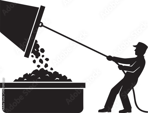 Black and White Silhouette of a Railway Industrial Worker Pulling a Lever to Load Coal from a Chute into a Container for Steam Engine Fueling