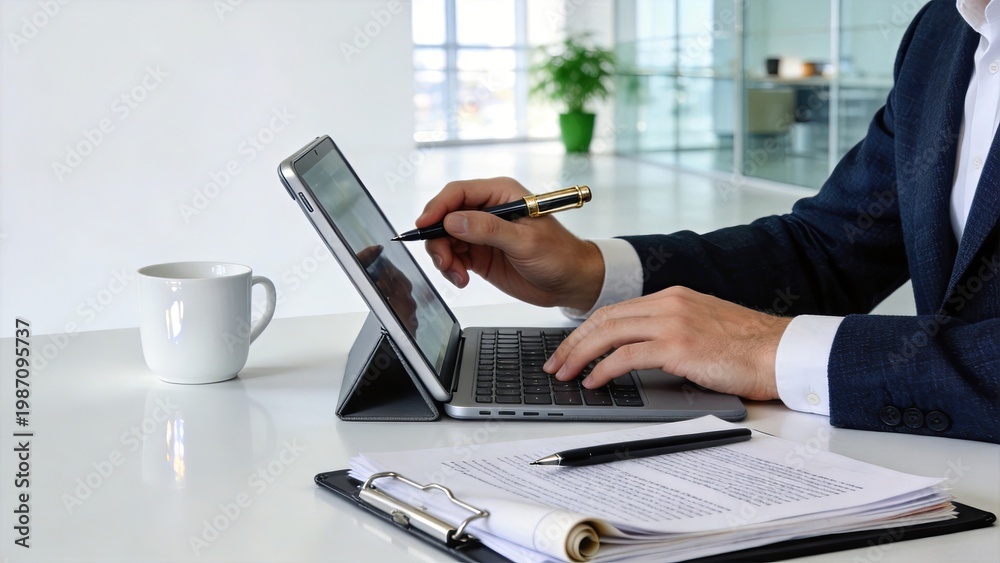Fototapeta premium Businessman working on tablet in modern office using digital stylus with keyboard typing on device documents and coffee cup on white desk