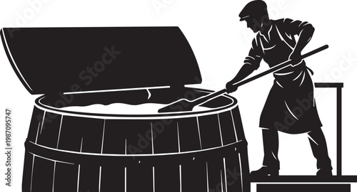 Vintage Illustration of a Victorian Brewery Worker Stirring a Large Wooden Vat with a Long Paddle, Traditional Beer Making and Distilling Craft Silhouette