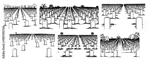 Military cemetery set with symmetrical rows of white tombstones featuring gravestones, memorial stones, burial ground with a somber atmosphere and historical significance