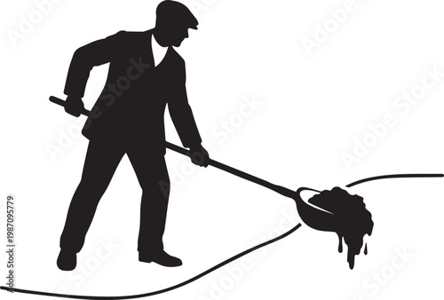 Black Silhouette of a Victorian Era Canal Dredger Performing Manual Labor with a Long Shovel, Vintage Historical Illustration of an Industrial Worker in a Flat Cap