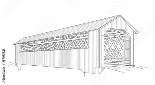 Covered bridge illustration against white background for various applications