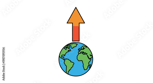 Earth globe with rising orange arrow.