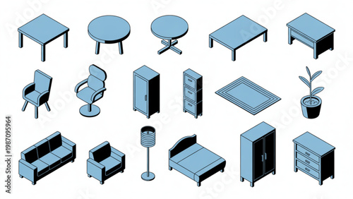 Assorted modern office and kitchen appliances in flat design style