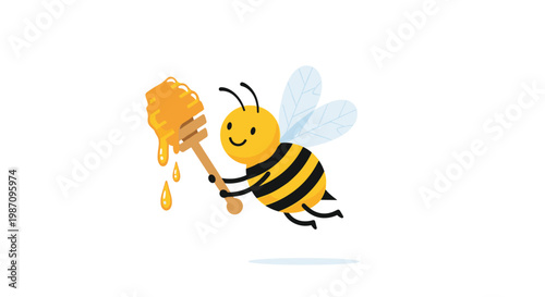 Cute cartoon bumblebee flying while holding a wooden honey dipper dripping with sweet golden honey on a white background.