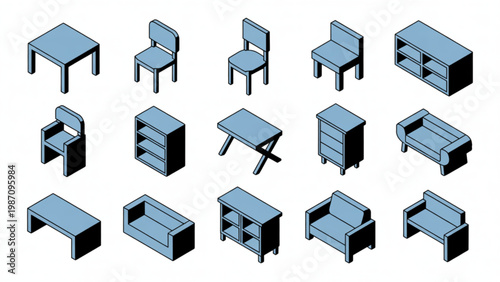 Collection of isometric-style chairs in various designs and colors
