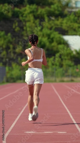 Morning jog, sporty woman runs at a stadium track on a sunny day, pro runner marathon daily training, slow motion moving forward, motivation.