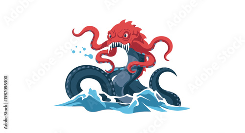 Red tentacled sea monster rising.