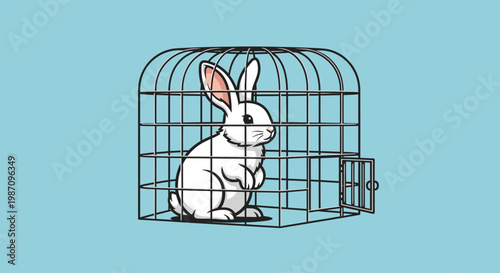 White rabbit in a cage indoors.