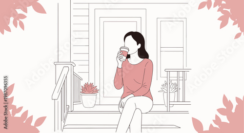Woman Drinking Coffee on Porch Steps.