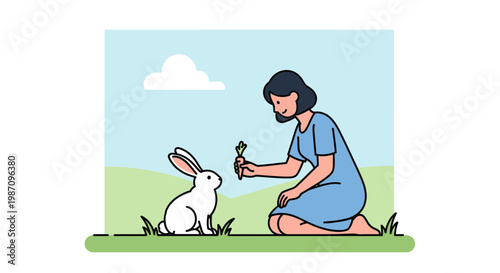 Woman kneeling with white rabbit pet.