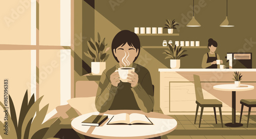 Woman sitting alone at coffee shop.