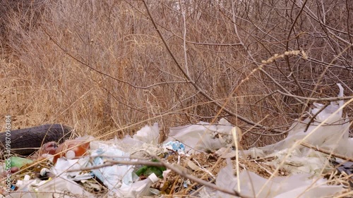 Nature degradation contrast wild forest and garbage scattered on ground garbage pollution harming ecosystem garbage impact visible in dry landscape environmental damage ecology crisis human neglect