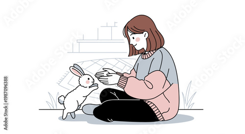 Woman sitting with cute white rabbit.
