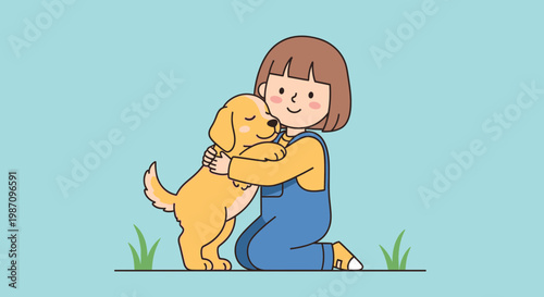 Little girl hugging cute golden dog.