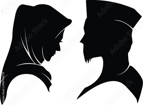Silhouettes of a Muslim couple facing each other, representing love and tradition
