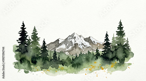 Watercolor painting of majestic mountains framed by dark evergreen trees