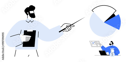 Business presentations, data analysis, financial planning, corporate strategy, decision making, professional communication. A professional pointing at a pie chart with data. Business presentations