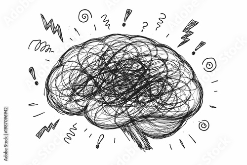 Sketch imperfect icon brain anxiety doodle concept scribbles messy chaotic vector
