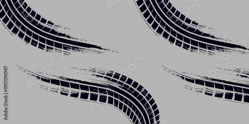 Black tire marks on road, Black rubber tire marks and tread marks, Tire trace track wheels texture and background, Auto tire tread grunge. Eps10