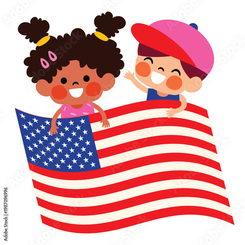 American Kids Posing With Flag