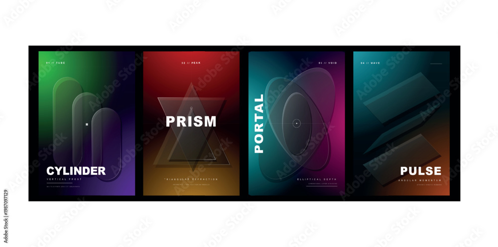 Fototapeta premium Dark Glassmorphism Geometric Shape Poster Collection with Gradient Neon Backgrounds for Music Covers and Digital Creative Design Use