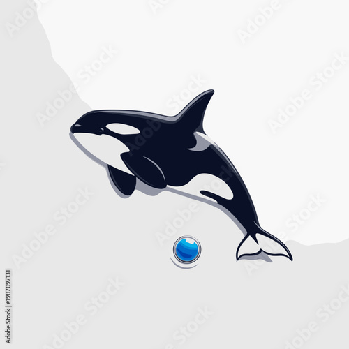 Stylized orca killer whale swimming with a blue sphere on a minimalist background