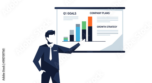 Businessman presenting company goals chart.